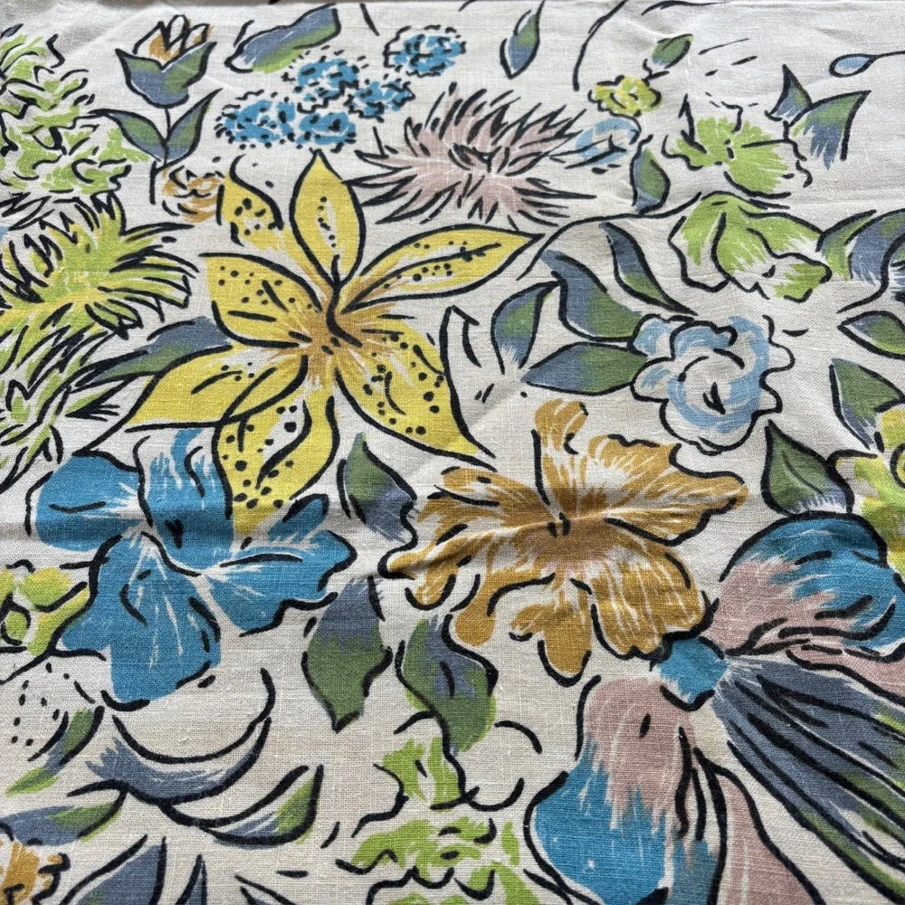 Vintage Floral Hand Printed Linen Tablecloth Square 51x51 Mid Century Retro